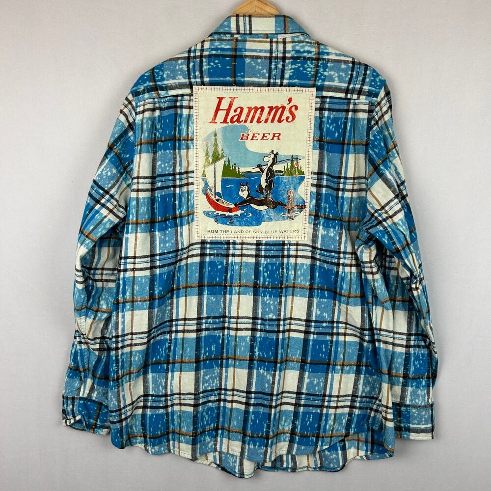 Angry Minnow Men's Hamm's Sailboat Bear Distressed Flannel Shirt Blue Size XL